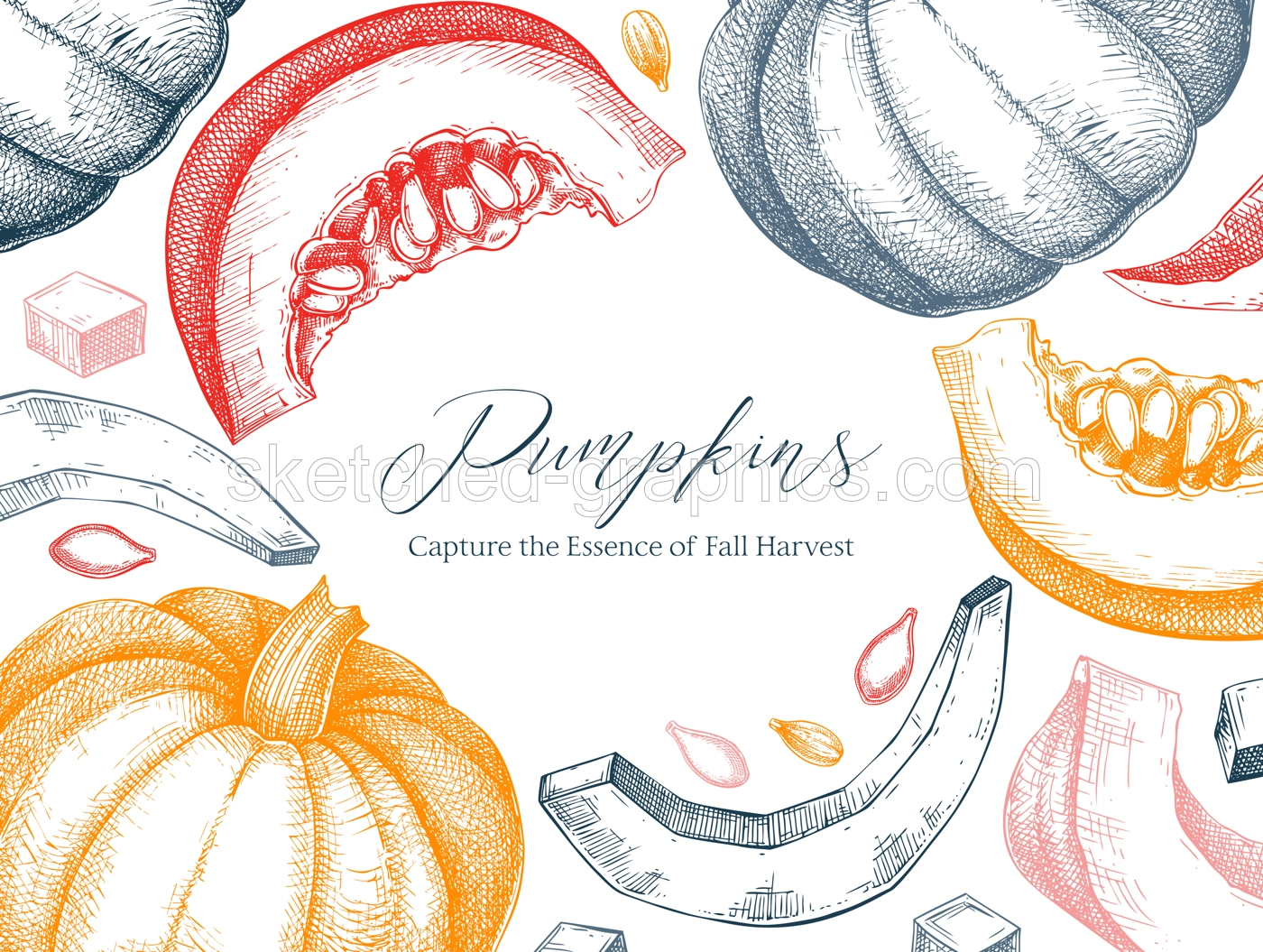 Pumpkin frame design. Autumn vegetables hand-drawn vector illustrations in color. Vintage Thanksgiving background. NOT AI generated Illustration